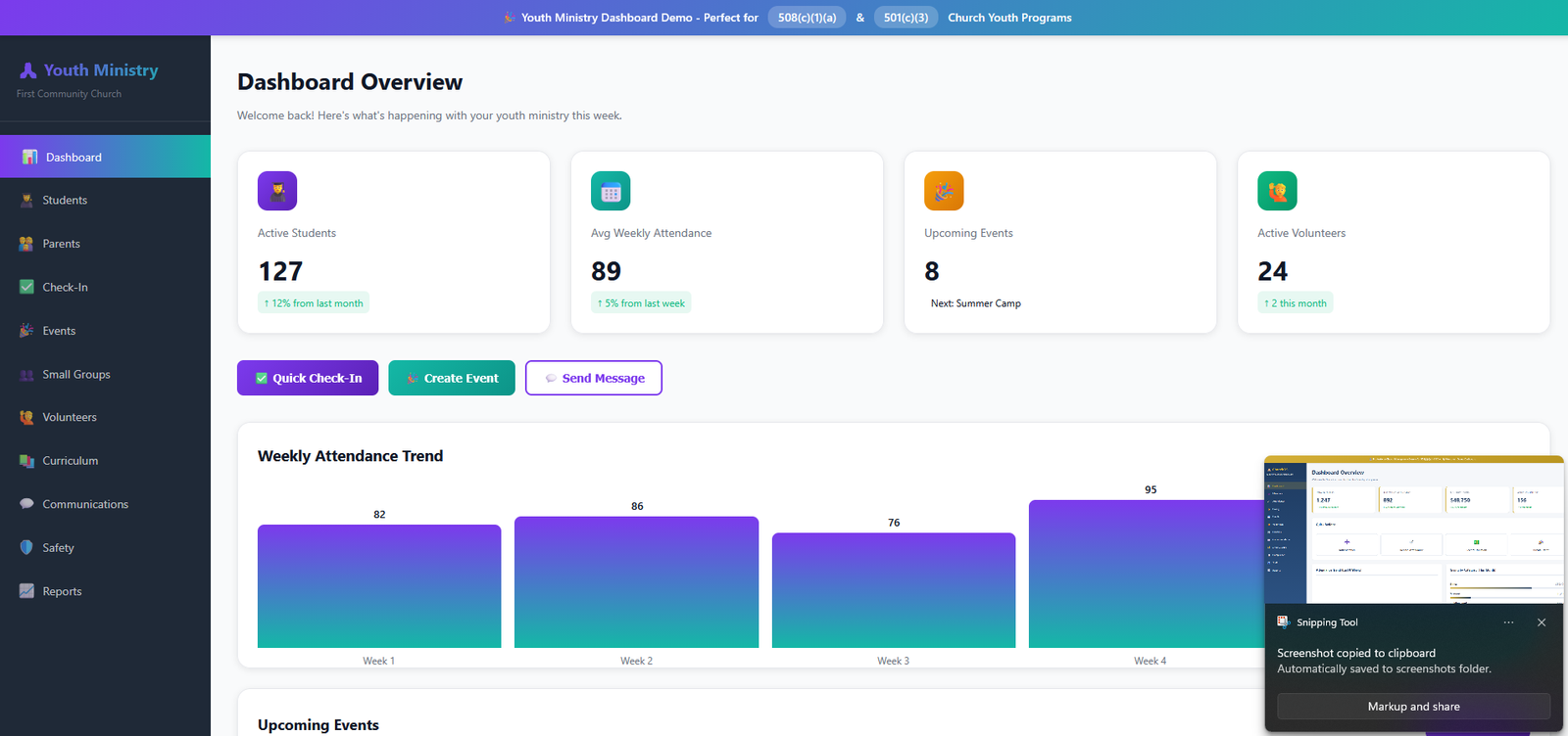 Youth Ministry Dashboard - Student tracking, attendance, and engagement analytics